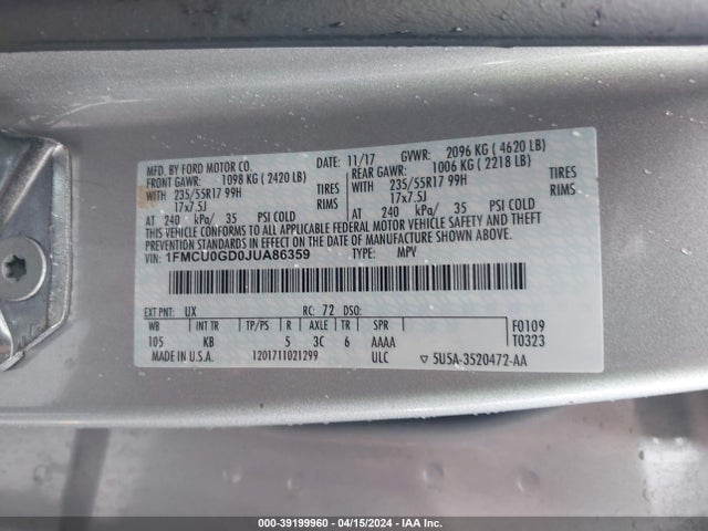 Ford ESCAPE SE 2018 1FMCU0GD0JUA86359 Image 9