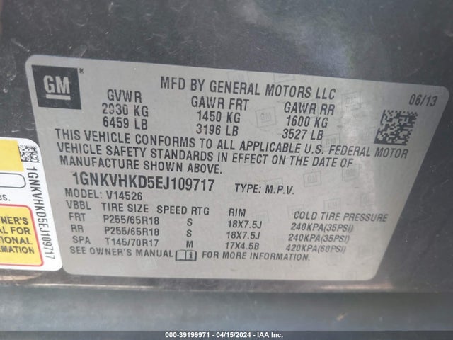 Chevrolet Traverse 2lt 2014 1GNKVHKD5EJ109717 Image 9