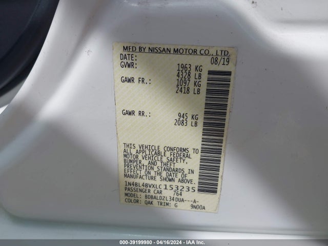 Nissan Altima S Fwd 2020 1N4BL4BVXLC153235 Image 9