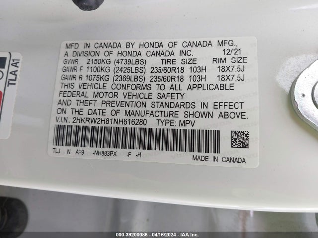 Honda Cr-v Awd Ex-l 2022 2HKRW2H81NH616280 Image 9