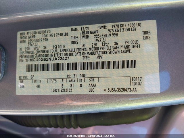 Ford ESCAPE SE 2022 1FMCU0G62NUA22427 Image 9