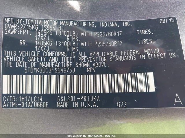 Toyota Sienna Xle 8 Passenger 2015 5TDYK3DC3FS649753 Image 9