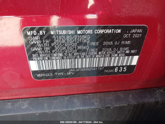 2022 MITSUBISHI OUTLANDER JA4J4TA8XNZ041747 Photo 8