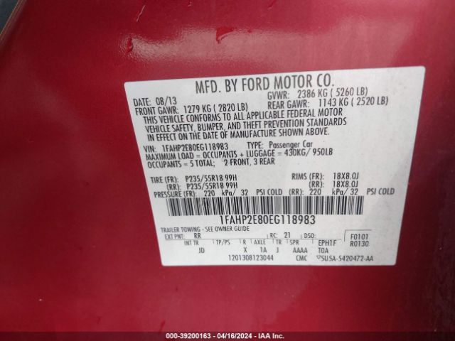 1FAHP2E80EG118983 Ford TAURUS SEL
