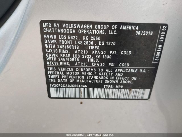 1V2CP2CA0JC594645 Volkswagen Atlas 2.0t Se