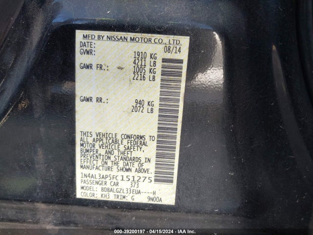 Nissan Altima 2.5 S 2015 1N4AL3AP5FC151275 Image 9