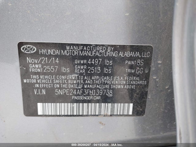 Hyundai SONATA SE 2015 5NPE24AF3FH139738 Image 9