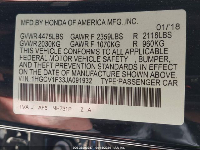 1HGCV1F33JA091932 Honda Accord Sport
