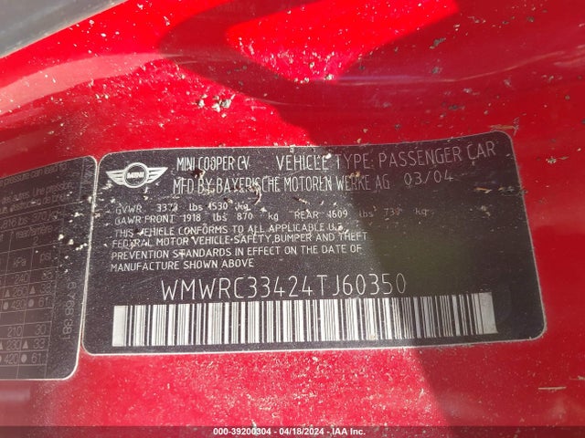 2004 MINI COOPER WMWRC33424TJ60350 Photo 8