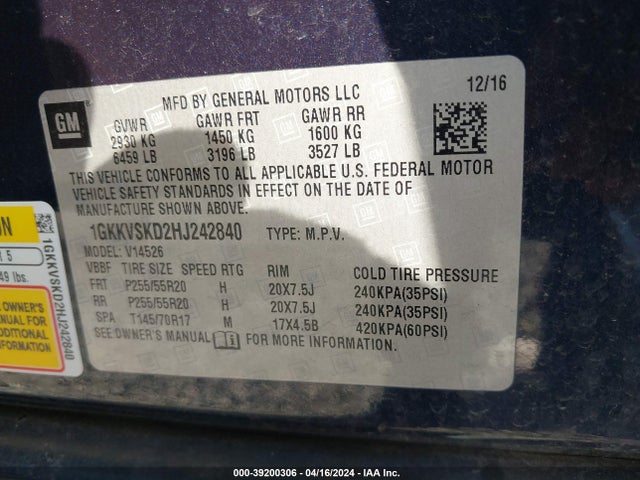1GKKVSKD2HJ242840 GMC Acadia Limited
