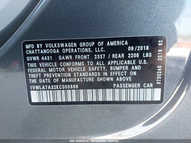 1VWLA7A32KC000866 Volkswagen Passat 2.0t Wolfsburg Edition