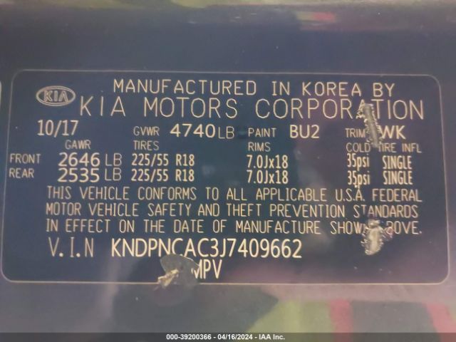 KNDPNCAC3J7409662 KIA Sportage Ex