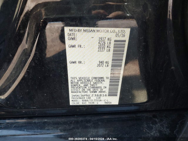 Nissan Altima 2.5 Sl 2016 1N4AL3AP9GC236816 Image 9