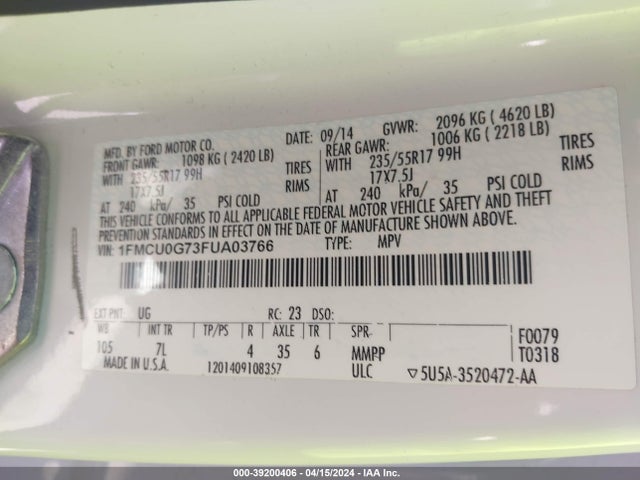 Ford ESCAPE SE 2015 1FMCU0G73FUA03766 Image 9