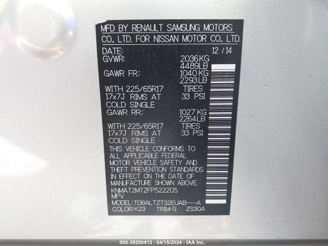 Nissan ROGUE SV 2015 KNMAT2MT2FP522205 Image 9