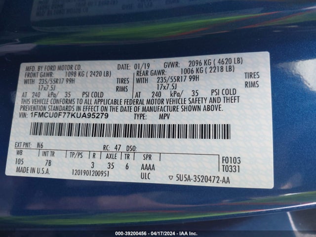 Ford ESCAPE S 2019 1FMCU0F77KUA95279 Image 9