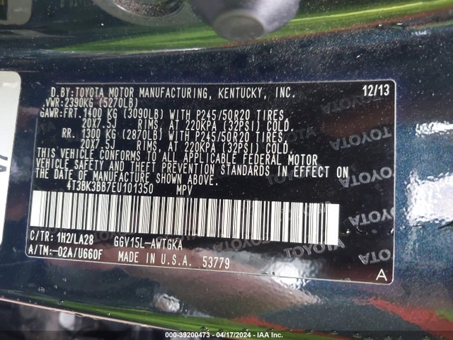 Toyota Venza Limited V6 2014 4T3BK3BB7EU101350 Image 9