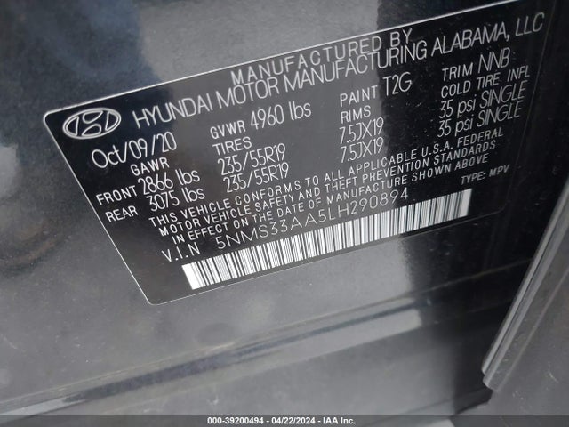 Hyundai Santa Fe Sel 2.0t 2020 5NMS33AA5LH290894 Image 9