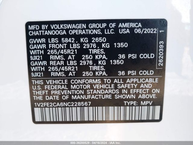 1V2FE2CA6NC228567 Volkswagen Atlas Cross Sport 3.6l V6 Sel Premium R-line