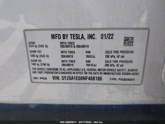 5YJSA1E59NF468186 Tesla Model S Dual Motor All-wheel Drive