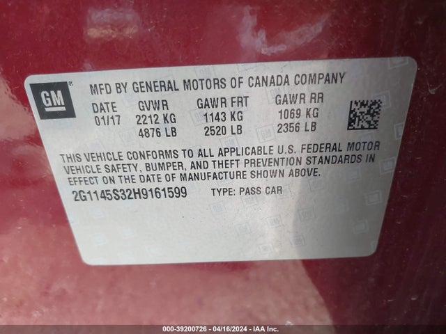 Chevrolet IMPALA 2LZ 2017 2G1145S32H9161599 Image 9