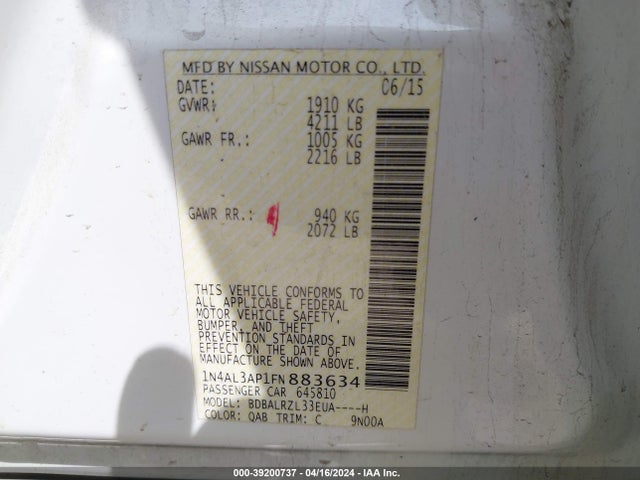 Nissan Altima 2.5 Sl 2015 1N4AL3AP1FN883634 Image 9