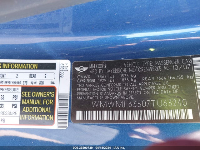 2007 MINI COOPER WMWMF33507TU63240 Photo 8