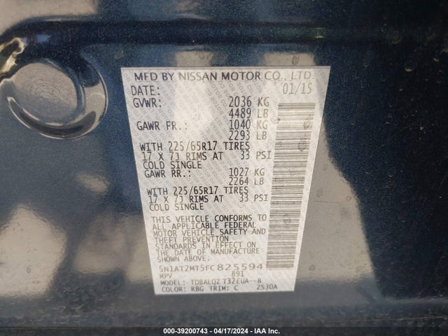 Nissan ROGUE SV 2015 5N1AT2MT5FC825594 Image 9