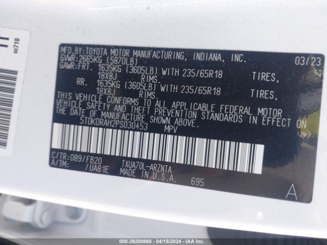 5TDKDRAH2PS030453 Toyota Highlander Le