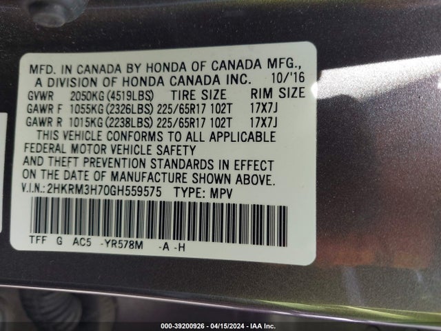 Honda Cr-v Ex-l 2016 2HKRM3H70GH559575 Image 9