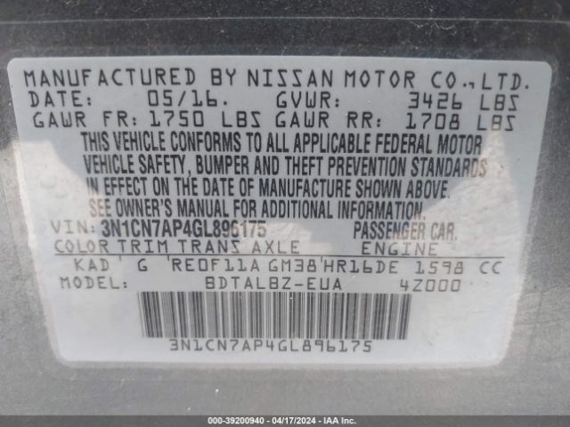 3N1CN7AP4GL896175 Nissan Versa 1.6 S/1.6 S+/1.6 Sl/1.6 Sv