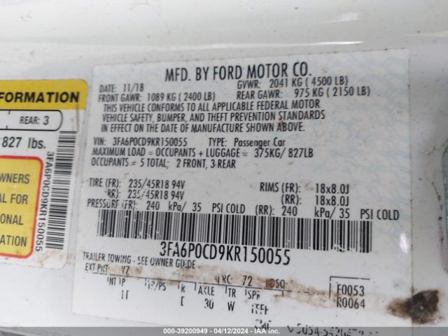 3FA6P0CD9KR150055 Ford FUSION SEL