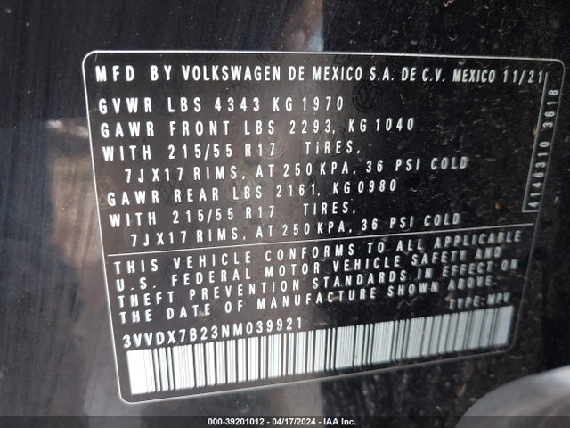 3VVDX7B23NM039921 Volkswagen Taos 1.5t S