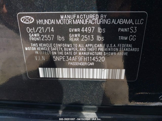 Hyundai Sonata Limited 2015 5NPE34AF9FH114520 Image 9