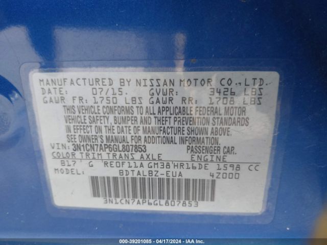 3N1CN7AP6GL807853 Nissan Versa 1.6 S/1.6 S+/1.6 Sl/1.6 Sv