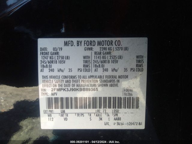 2FMPK3J90KBB89365 Ford EDGE SEL