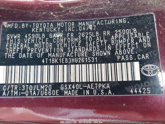 Toyota AVALON LIMITED 2017 4T1BK1EB3HU261531 Image 9