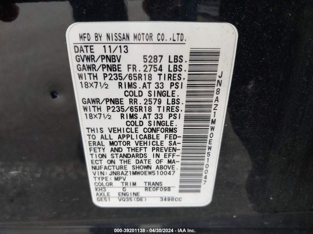 Nissan MURANO SL 2014 JN8AZ1MW0EW510047 Image 9