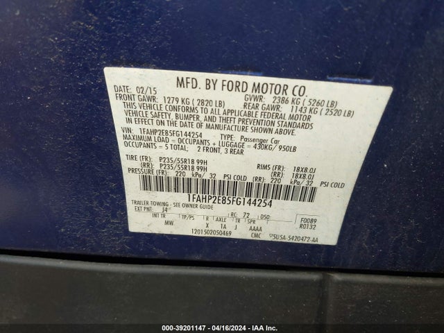 Ford TAURUS SEL 2015 1FAHP2E85FG144254 Image 9