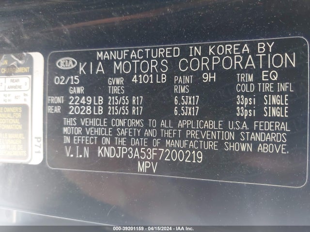 KIA SOUL + 2015 KNDJP3A53F7200219 Image 9
