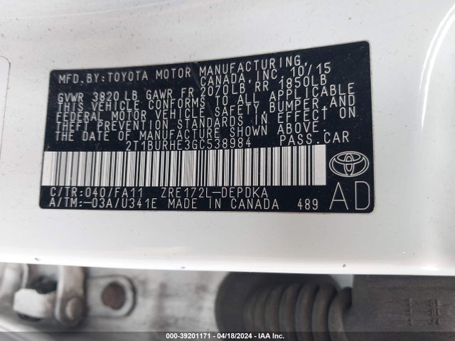 Toyota COROLLA L 2016 2T1BURHE3GC538984 Image 9