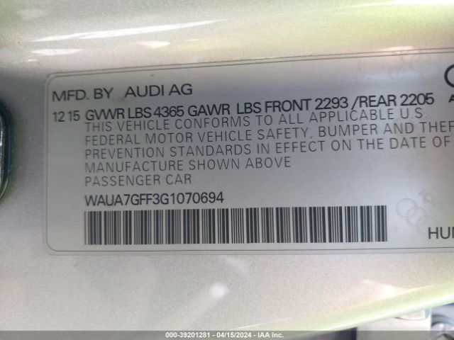 WAUA7GFF3G1070694 Audi A3 1.8t Premium