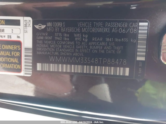 2008 MINI COOPER S CLUBMAN WMWMM33548TP88478 Photo 8