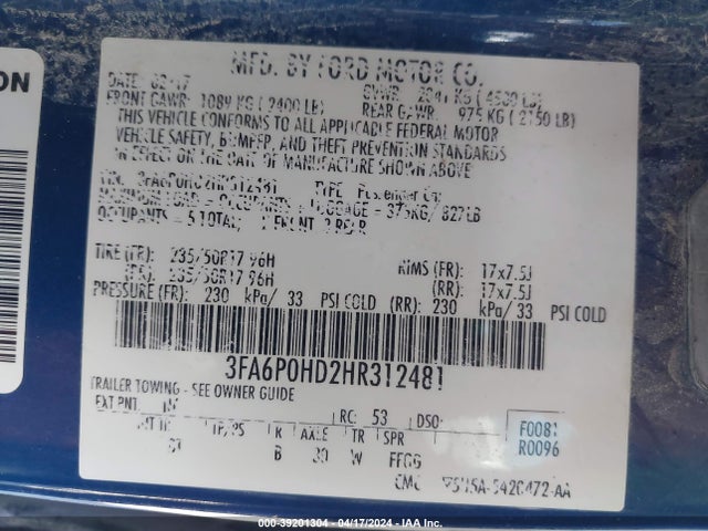 Ford FUSION SE 2017 3FA6P0HD2HR312481 Image 9