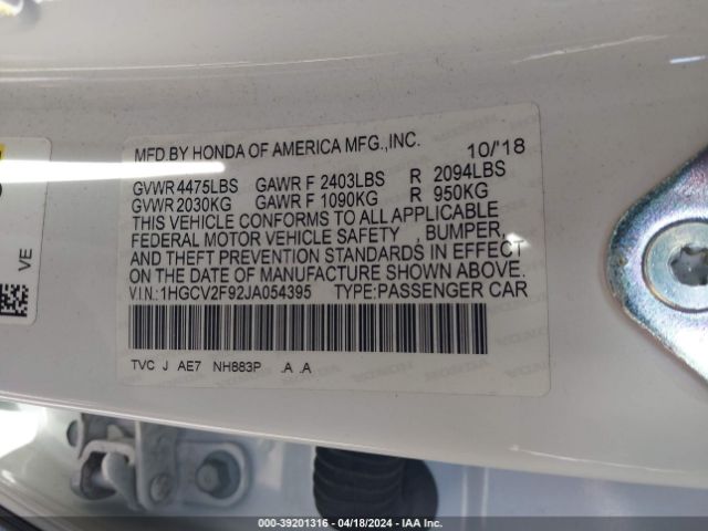 1HGCV2F92JA054395 Honda Accord Touring 2.0t
