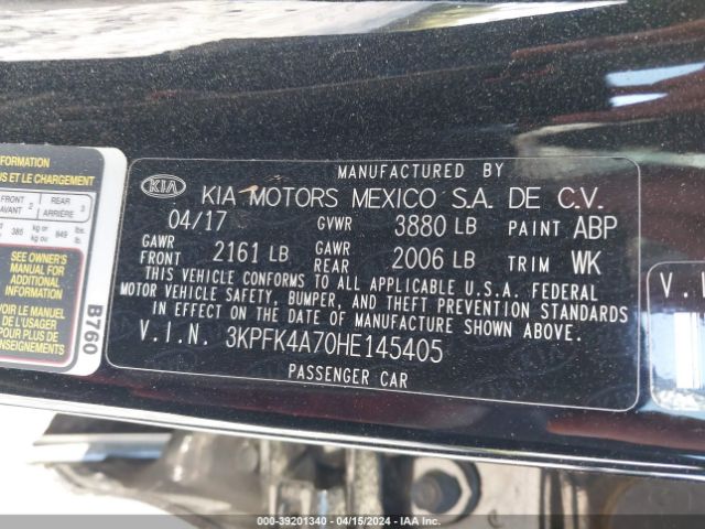 3KPFK4A70HE145405 KIA FORTE LX