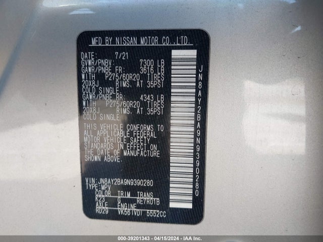 Nissan Armada Sl 2wd 2022 JN8AY2BA9N9390280 Image 9