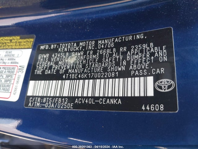 Продаж на аукціоні авто 2007 Toyota Camry Le, vin: 4T1BE46K17U022081, номер лоту: 39201363