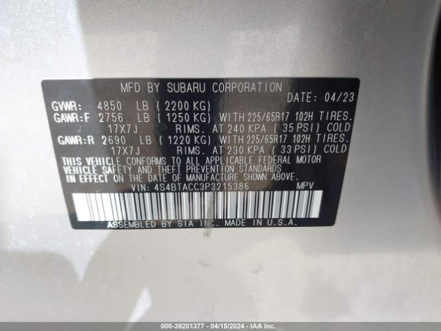 4S4BTACC3P3215386 Subaru Outback Premium
