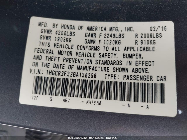Honda ACCORD LX 2016 1HGCR2F32GA138256 Image 9